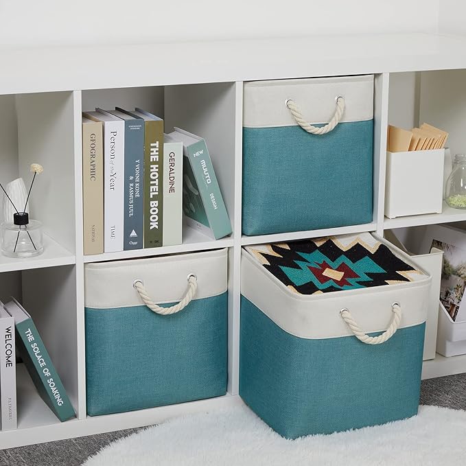 Bidtakay Fabric Baskets for Closets Shelves Lined Set of 3 Large Square Collapsible Storage Bins for Organizing 13 X 13 Cube Storage Bins for Pantry Organization Storage(Teal Blue)-CubbioJoy