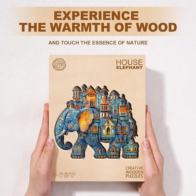 Jigfoxy Wooden Puzzles for Adults, Elephant House Wood Puzzles Adult, Unique Animal Shape Wooden Jigsaw Puzzles for Adults, Birthday Gifts for Puzzle Lovers, Family, Friend (S-8.5 * 7.4in-100pcs)-CubbioJoy