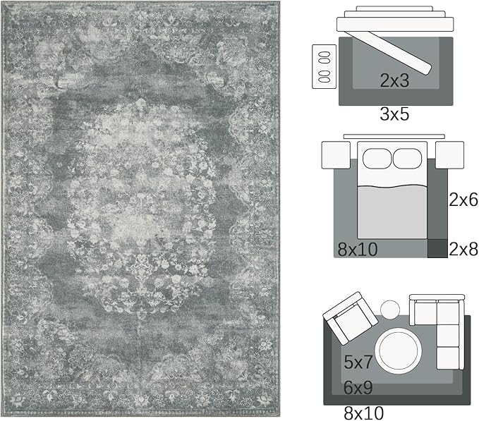 jinchan Vintage Floral 4x6 Area Rugs - Machine Washable Distressed Design Soft Ultra-Thin Low-Pile Non-Slip Carpet for Entryway Kitchen Bedroom Nursery Living Room Dining Room (4x6ft,Grey)-CubbioJoy