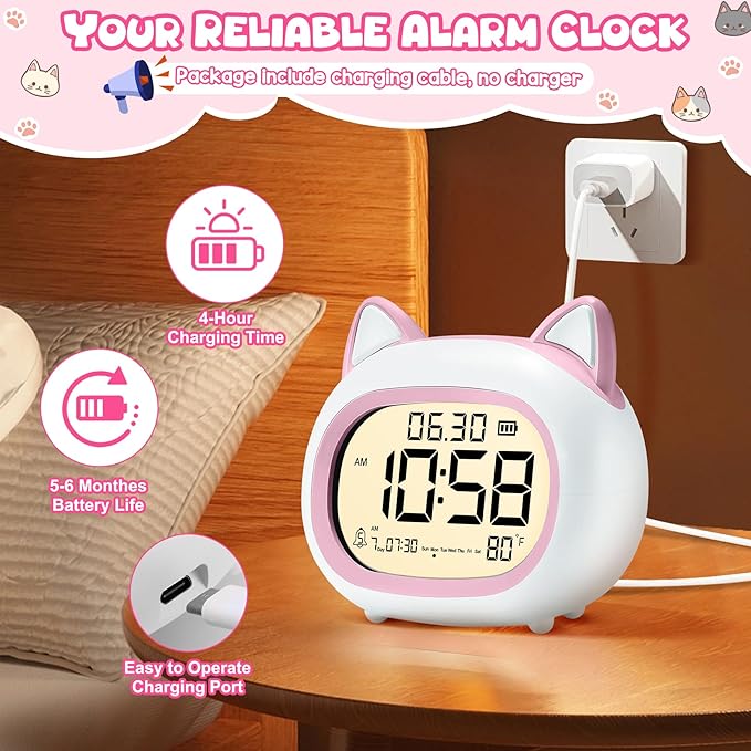 Kids Alarm Clock with Night Light for Kids, Small Digital Alarm Clocks for Bedrooms, Routine Builder, Cute Cat Alarm Clock with Sleep Training, Snooze, 12/24H, Date & Day, Temperature, USB Port-CubbioJoy