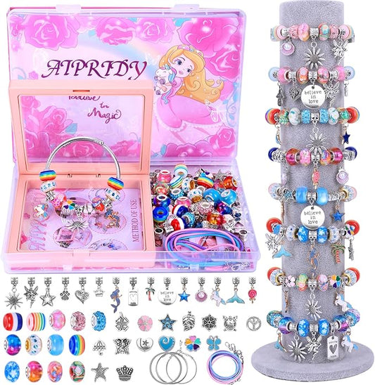 AIPRIDY Charm Bracelet Making Kit,Unicorn Mermaid Crafts Gifts Set Can Inspires Imagination and Creativity,Jewelry Making Kit Perfect Gifts for Girls 5-12 Years Old (72 Pieces Rose)-CubbioJoy