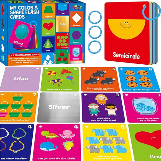 Color & Shape Flashcards, 50 Double-Sided Cards (30 Colors & 20 Shapes) Colorful Cards Educational Learning Tools for Preschool and Toddlers (3 Reclosable Rings Attached)-CubbioJoy