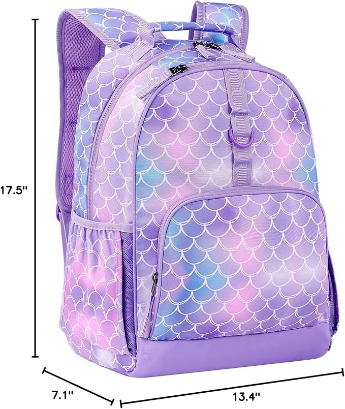 Choco Mocha Mermaid Backpack for Girls, Elementary School Backpack for Girls Ages 6-8 Kids Kindergarten Backpack Bookbag 17 Inch with Chest Strap, Purple-CubbioJoy