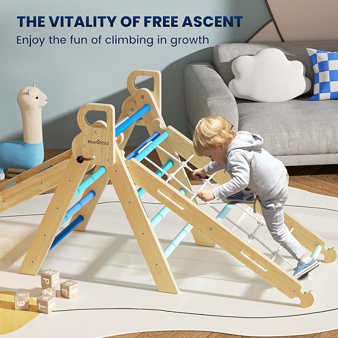 BlueWood 2025 8-in-1 Pikler Triangle Climbing Set Toddler Toys Indoor Baby Jungle Gym Climber Playground for Kids - Sky Blue-CubbioJoy