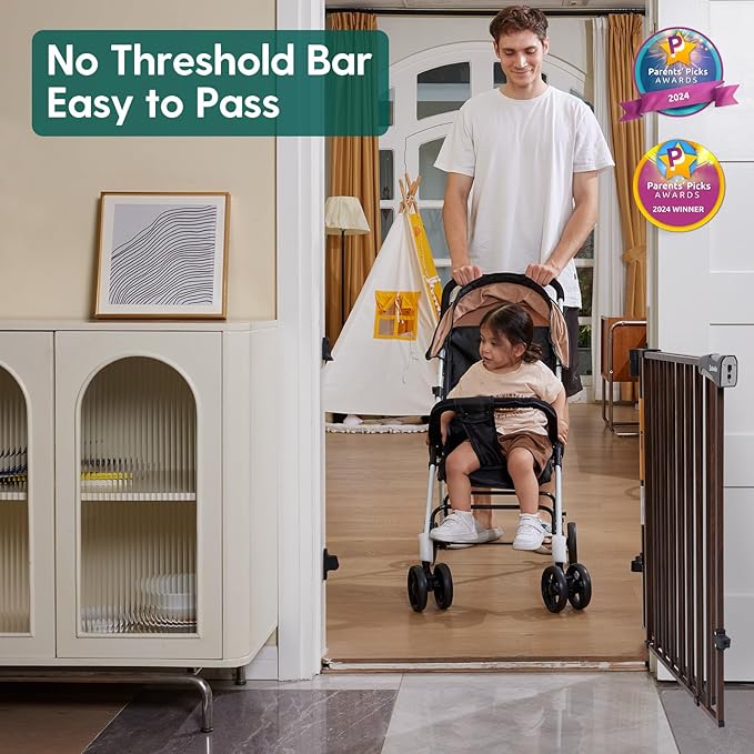 Babelio 26-43" No Bottom Bar Baby Gate for Babies, Elders and Pets, 2-in-1 Hardware Mount Dog Gate for The House, Stairs and Doorways, with Large Walk Thru Door, Black Wood Pattern-CubbioJoy