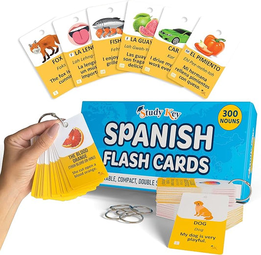 300 Vocabulary Flashcards | Double Sided English-Spanish Bilingual Flashcards for Adults & Kids Ages 12+ | Portable Noun Flash Cards to Learn Spanish for Adult Beginners-CubbioJoy