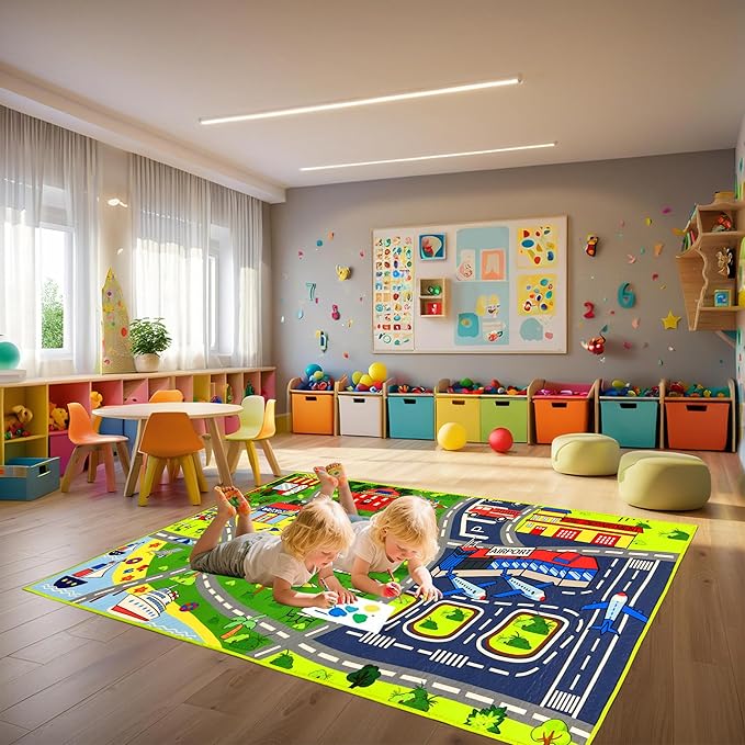 Car Rug Play Mat - Car Train Rugs Playroom Mat, Kids Rugs for Bedroom Road Rug with City Map Design Kid Room Decor, 59x31.49 lnches-CubbioJoy