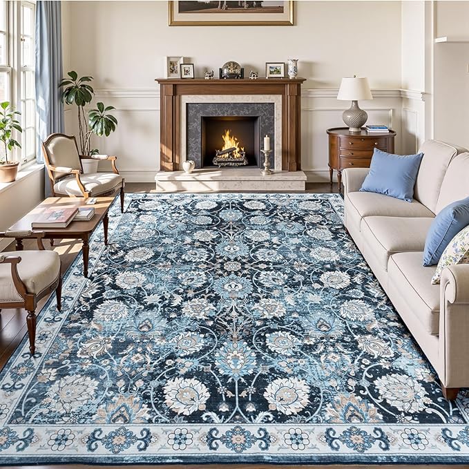 Blue 9x12 Area Rugs for Living Room, Washable Large Rug, Vintage Floral Soft Carpet, Non Slip & Low Pile, Wool Carpets for Indoor Bedroom Dining Home Playroom Office Under Table, Blue Garden-CubbioJoy