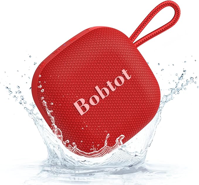 Bobtot Portable Bluetooth Speakers Wireless - IPX7 Waterproof Shower Speaker with 16 Hours Playtime, Loud Stereo Sound, TWS, Built-in Mic, Mini Size with Lanyard to Carry, Red-CubbioJoy