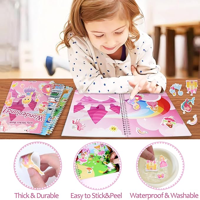 Jelly Sticker Books for Toddlers 2-4 Travel Essentials, Reusable Sticker Book + 8 Scenes + 2 Matching Games + 51 Large Princess Stickers for 1-3 Toddler Activities (Wonderland)-CubbioJoy