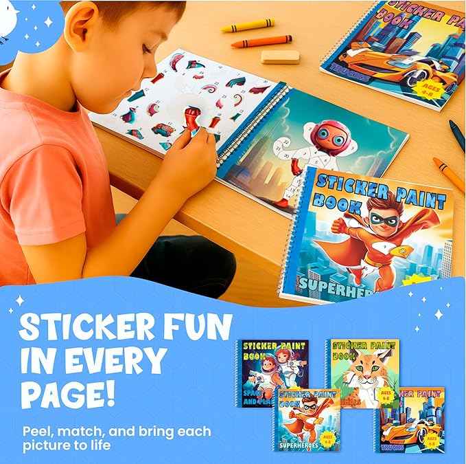 BulbaCraft 4Pcs Sticker Paint Books for Boys - Sticker Books by Number with Superheroes, Trucks, Animals and Space - Coloring Activity for Kids-CubbioJoy