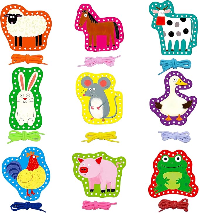 9 Pieces Kids Lacing Cards, Double Sided Sewing Cards in 9 Farm Themed Cards with 9 Colorful Laces, Imagination Development Lacing Toys Games for Children Educational and Learning Activity-CubbioJoy
