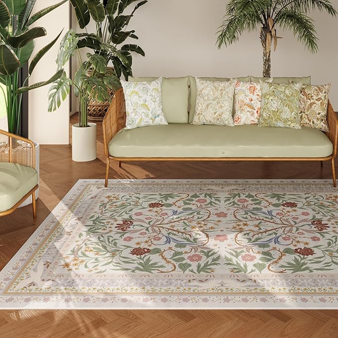 Area Rug 4x6 Rug Washable Vintage Floral Botanical Rugs Non Slip Low Pile Small Carpet for Bedroom, Bedside, Kids Room, Office, Dining Room, Beige-CubbioJoy