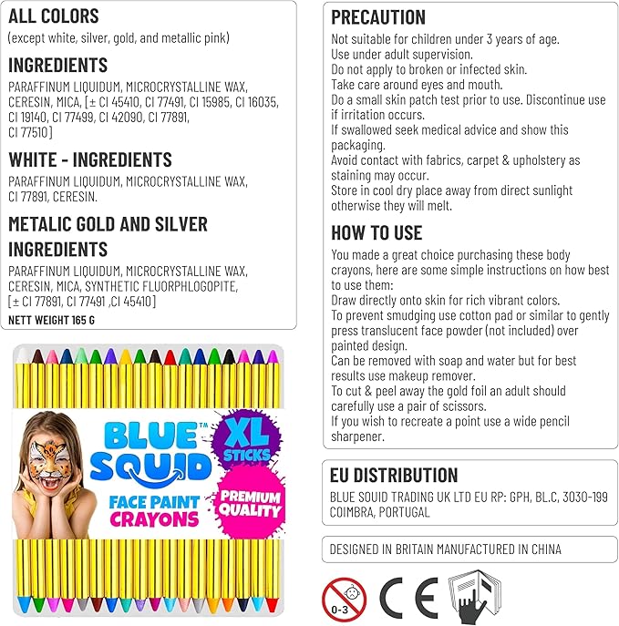 Blue Squid Face Paint Crayons for Kids - 42pcs XL Non-Toxic, Washable Body Paint Crayons - Our Face Painting Kit Makeup Sticks are Easy to Use, Safe for Sensitive Skin and Perfect for a Kids Party-CubbioJoy