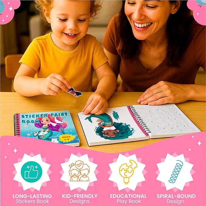 BulbaCraft 4Pcs Sticker Paint Books for Girls - Sticker Books by Number with Mermaids, Princesses, Animals and Unicorns - Coloring Activity for Kids-CubbioJoy