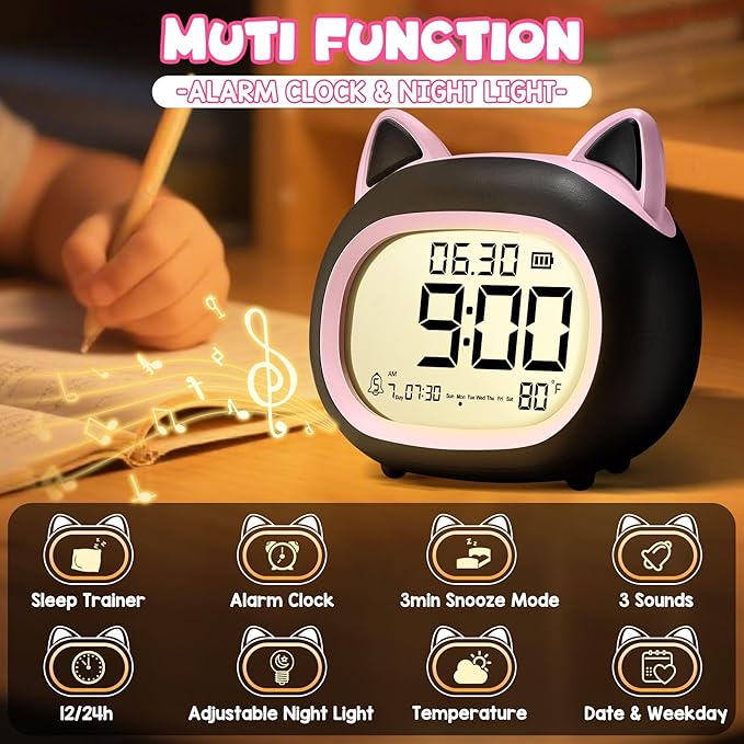 Kids Alarm Clock with Night Light for Kids, Small Digital Alarm Clocks for Bedrooms, Routine Builder, Cute Cat Alarm Clock with Sleep Training, Snooze, 12/24H, Date & Day, Temperature, USB Port-CubbioJoy
