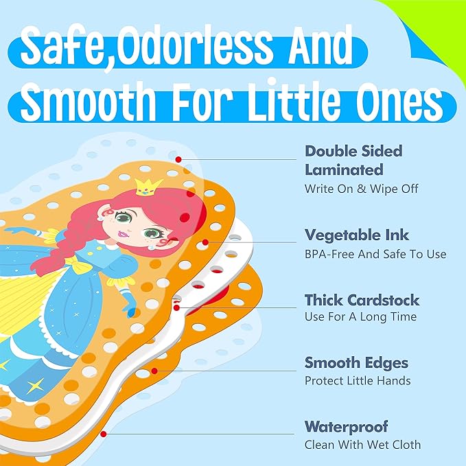 9 Pieces Kids Lacing Cards, Double Sided Sewing Cards in 9 Princess Theme Cards with 9 Colorful Laces, Imagination Development Lacing Toys Games for Children Educational and Learning Activity-CubbioJoy