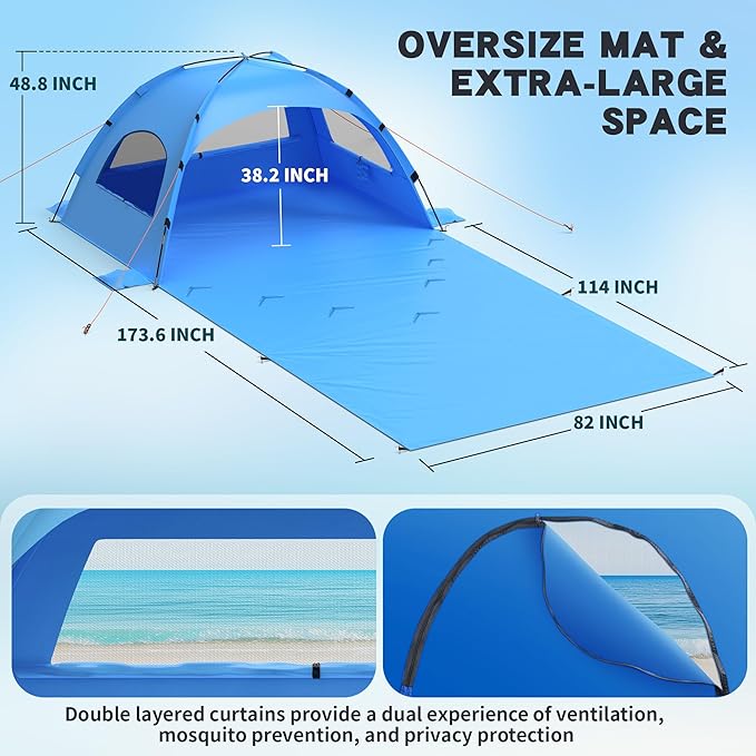 Beach Tent Sun Shelter with Extended Sand Mat 114×82inch，UPF 50+ Protection, 3 Double-Layer Windows for Enhanced Privacy; Portable Beach Shade, 3-4 People. Windproof and Waterproof-CubbioJoy