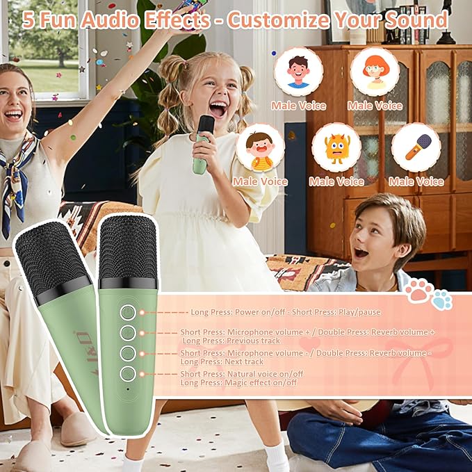 J&D Mini Karaoke Machine for Kids Adults, Portable Bluetooth Speaker with 2 Wireless Mics and Cat Sticker for Girls Boys Age 3–10 Birthday Gifts Princess Toys, Colorful LED, Green-CubbioJoy