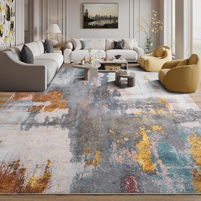 Kelarea Living Room Rug, 6x9 Rug Modern Abstract Washable Rugs Grey Faux Wool Vintage Carpet, Non Slip Rugs for Living Room, Bedroom, Dining Room, Kids Playroom, Home Office-CubbioJoy