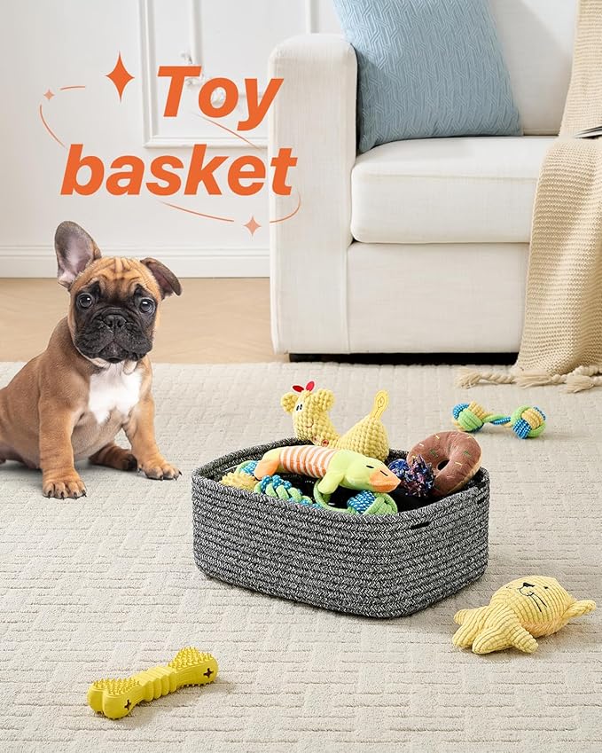 KALLAX Small Woven Basket, 13.5 x 9.5 x 5 Inches, Storage Basket for Organizing, Cute Small Rope Shelf Closet Cube Storage Bins Baskets for Shelves, Dog Toy Gift Baskets Empty, 3 Pack Mixed Black-CubbioJoy