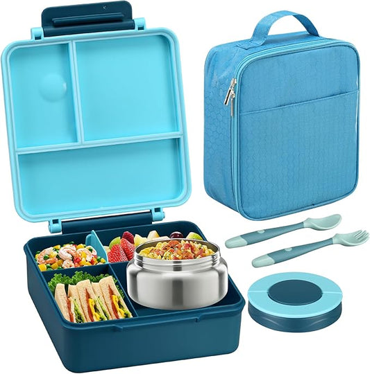 Bento Lunch Box for Kids with 8oz Soup Thermo&Lunch Bag, Leak-Proof Lunch Food Containers with 4 Compartment, Hot Food Insulated Food Jar for Kids School (Blue)-CubbioJoy