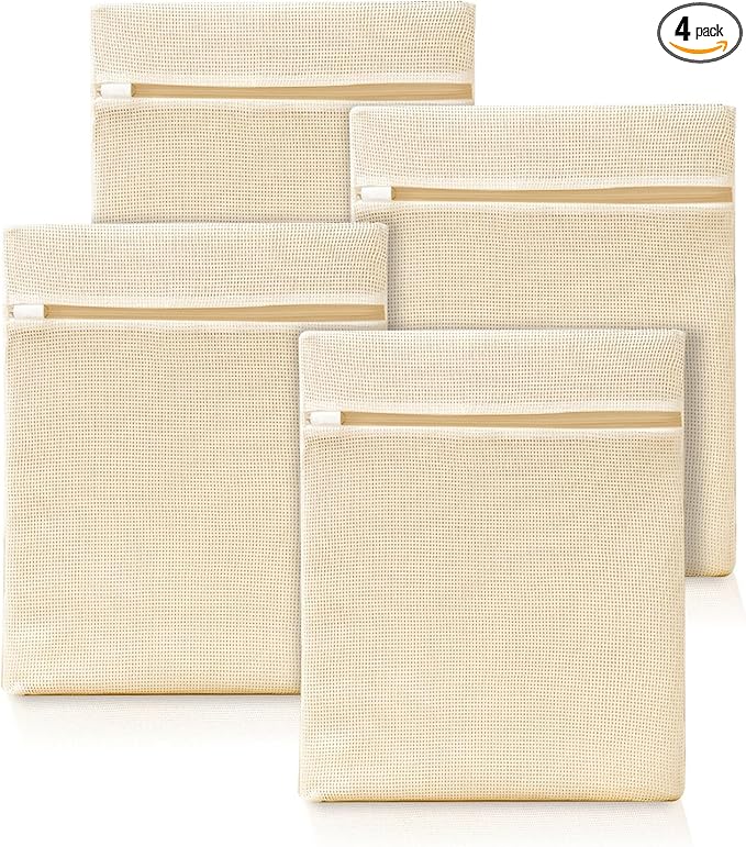 4Pcs Cotton Mesh Laundry Bags for Delicates,Breathable Mesh Garment Bag for Washing Machine,Travel Wash Bags with Zipper for Bras,Underwear,Socks,Baby Clothes,Laundry Dorm Room Essentials(M)-CubbioJoy