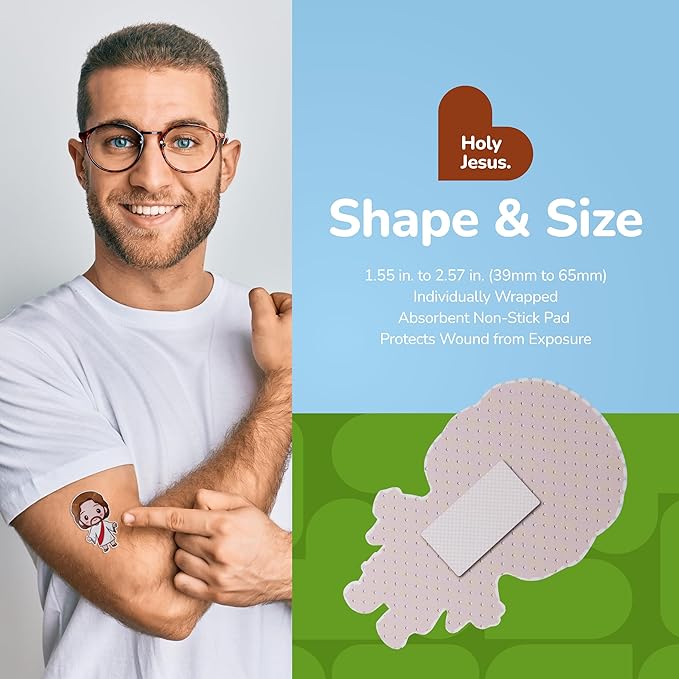 BioSwiss Bandages, Holy Jesus Shaped Self Adhesive Bandage, Latex Free Sterile Wound Care, Fun First Aid Kit Supplies for Kids and Adults, 50 Count-CubbioJoy