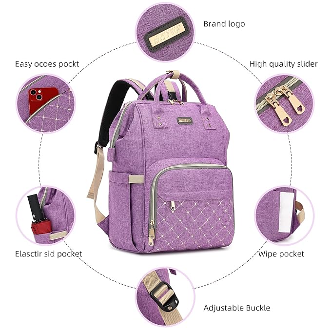 Diaper Bag Backpack, Diaper Bags for Baby Girls Boys, Baby Bags for Moms Dads, Nappy Changing Bag with Insulated Pockets,Multi-functional Waterproof Backpack with Stroller straps-Purple-CubbioJoy