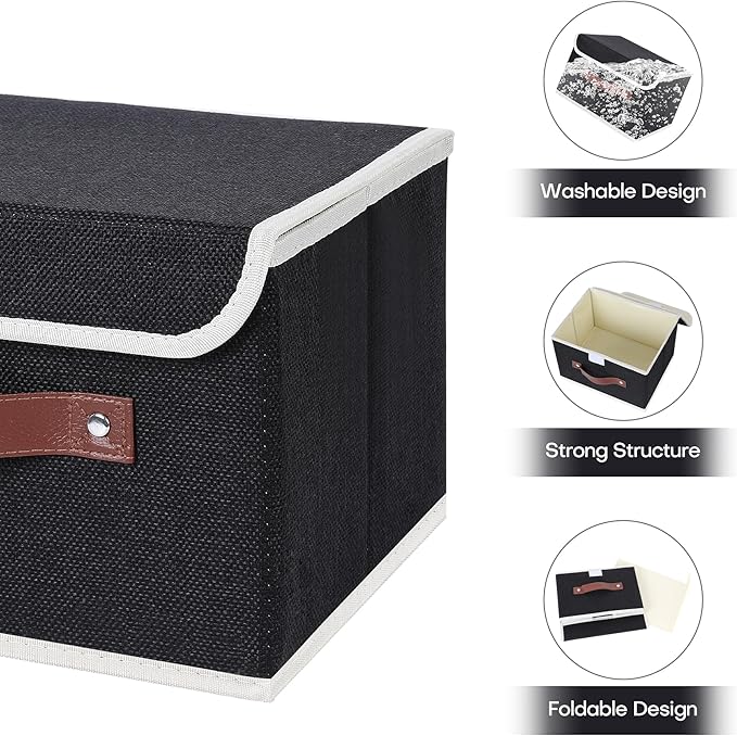 ANMINY 2PCS Storage Bins with Lid PU Leather Handles Storage Boxes PP Plastic Board Decorative Foldable Lidded Cotton Linen Fabric Home Cubes Baskets Closet Organizer Containers - Black, Small Size-CubbioJoy