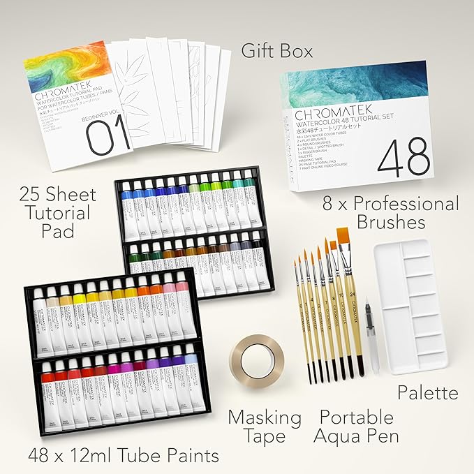 CHROMATEK Watercolor Paint Set, 84 Piece Kit, Video Tutorial Course, 48 Tubes, from Beginner to Intermediate & Professional Artists, Paper, 8 Brushes, Palette, Aquapen, Masking Tape, 12ml Tubes-CubbioJoy