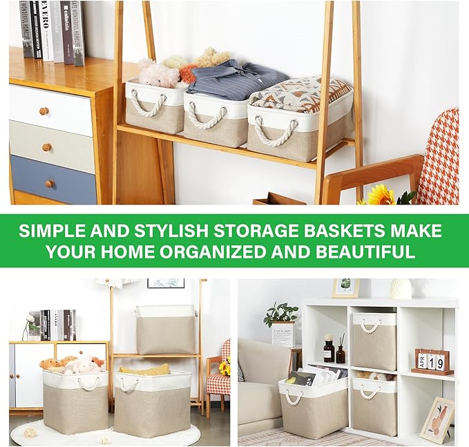 Bidtakay Small Baskets Fabric Storage Baskets for Organizing 3-Pack 12x8x5 Inch Collapsible Storage Bins for Shelves Canvas Bins for Closet Organization Baskets Storage Linen Closet S-White&Beige-CubbioJoy