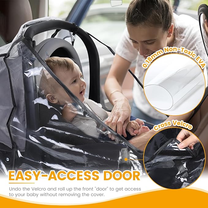 Car Seat Rain Cover Universal, Food Grade EVA, Waterproof Weather Shield for Infant Car Seat with Storage Bag, Baby Car Seat Stroller Rain Cover Features Side Ventilation, Quick-Access Roll-Up Door-CubbioJoy