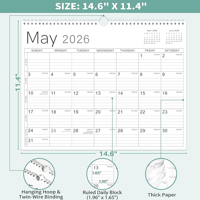 2026 Wall Calendar - 2026 Calendar from Jan. 2026 - Dec. 2026, 14.6" x 11.4", 12 Months Wall Calendar 2026, Thick Paper, Twin-Wire Binding, Simple Design-CubbioJoy