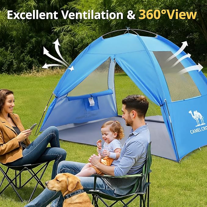 CAMEL CROWN Beach Tent UPF 50+ Sun Shelter for 2/3/5/6 Person, Lightweight Portable Sun Shade with Sand Anchor, Family Beach Day & Outdoor Adventures-CubbioJoy