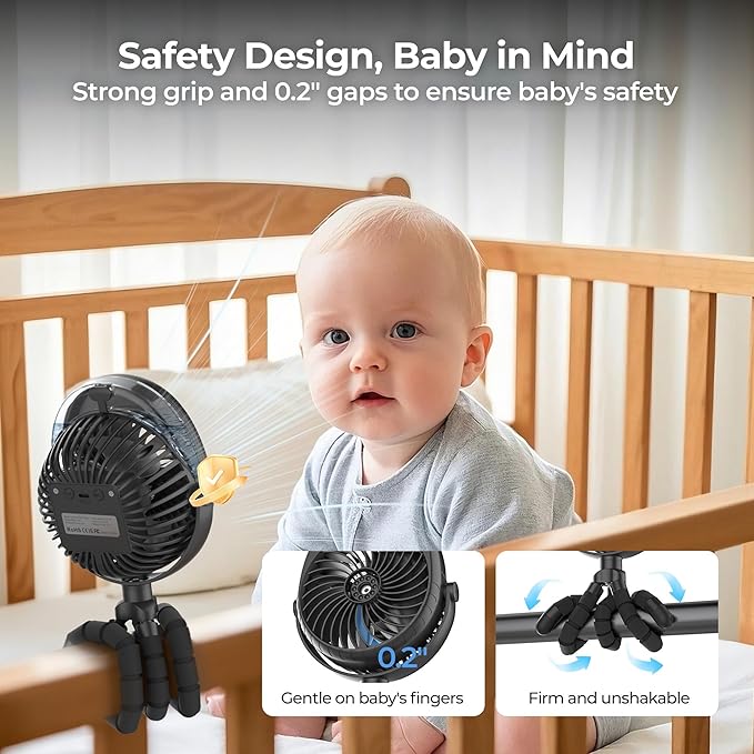 COMLIFE Misting Baby Stroller Fan, Rechargeable Battery Operated, 270° & 360° Pivoting, 50ml Portable Water Sprayer Misting Fan with Flexible Tripod Clip on Car Seat Crib Treadmill Bunk Bed-CubbioJoy