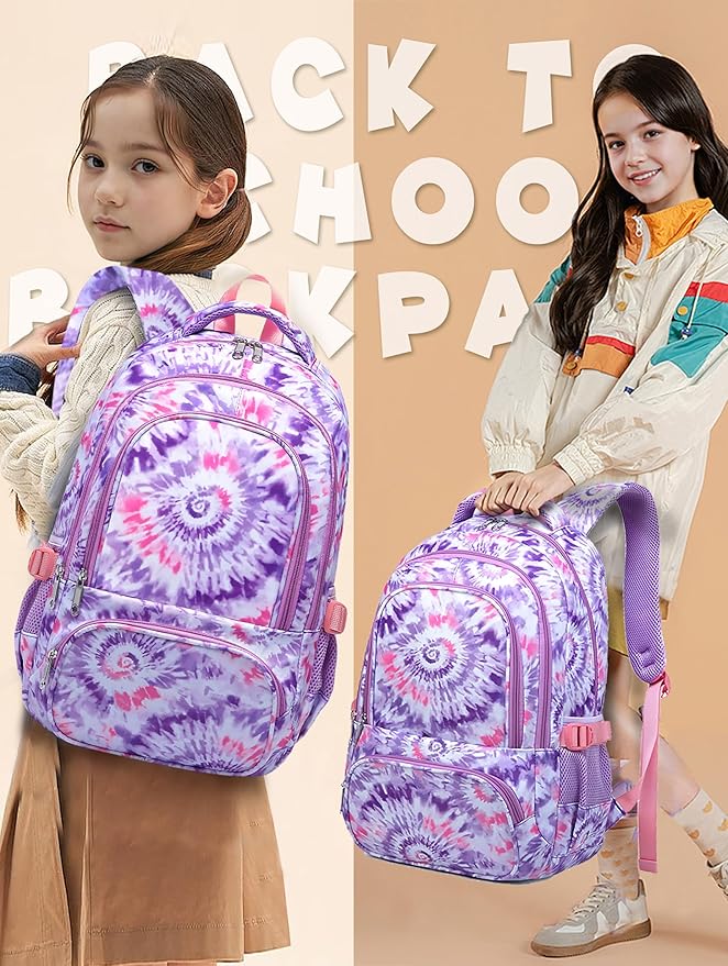 BLUEFAIRY Kids Backpack for Girls Elementary Primary Middle School Bag for Aged 8-10 for Teens Childs Bookbag Back to School Bag Mochilas Escolares para Niñas de 7 8 9 10 Tie-dye Purple-CubbioJoy