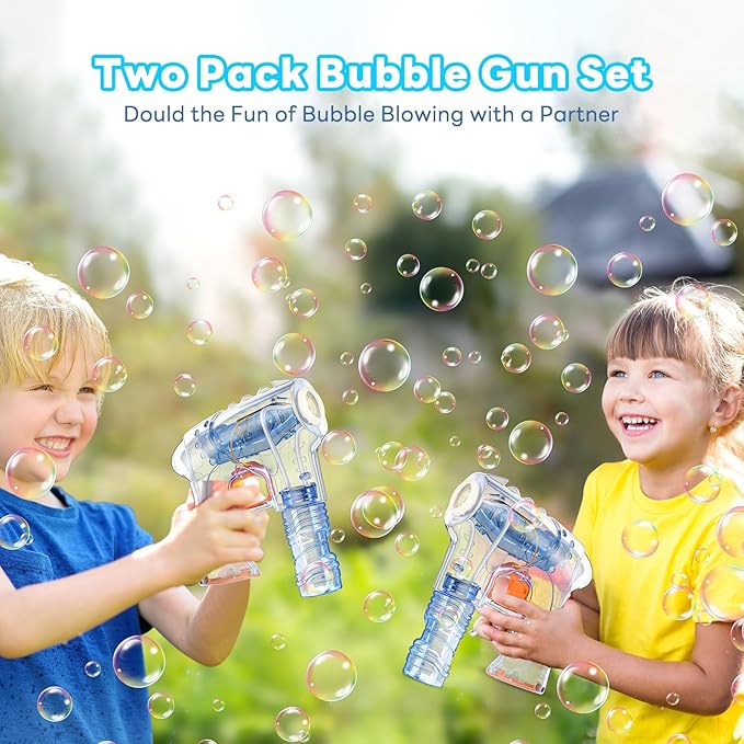 Kid Odyssey 2 Pack Bubble Gun with 4 Refill Solution and 3 Colorful LED Light, Bubble Machine for Kids, Bubble Maker for Party Favors, Birthday Gift, Indoor Outdoor Toys for Toddlers-CubbioJoy
