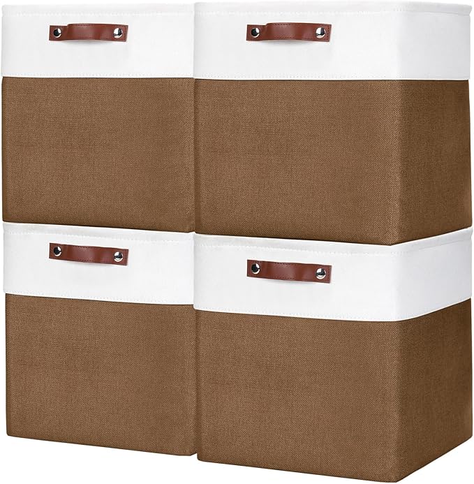 13x13 Cube Storage Bins, Collapsible Fabric Storage Box, 4 Pack Closet Baskets with Handles for Organizing, Shelf, Toys, Clothes, Home, Office, Nursery (Brown&White)-CubbioJoy
