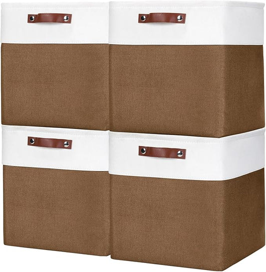13x13 Cube Storage Bins, Collapsible Fabric Storage Box, 4 Pack Closet Baskets with Handles for Organizing, Shelf, Toys, Clothes, Home, Office, Nursery (Brown&White)-CubbioJoy