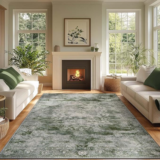 jinchan Washable Area Rug 6x9 for Living Room - Soft Faux Wool Ultra-Thin Stain Resistant Non-Slip Distressed Vintage Floral Rug Large Carpet for Bedroom,Dining Room,Home Office,Nursery(Green, 6'x9')-CubbioJoy