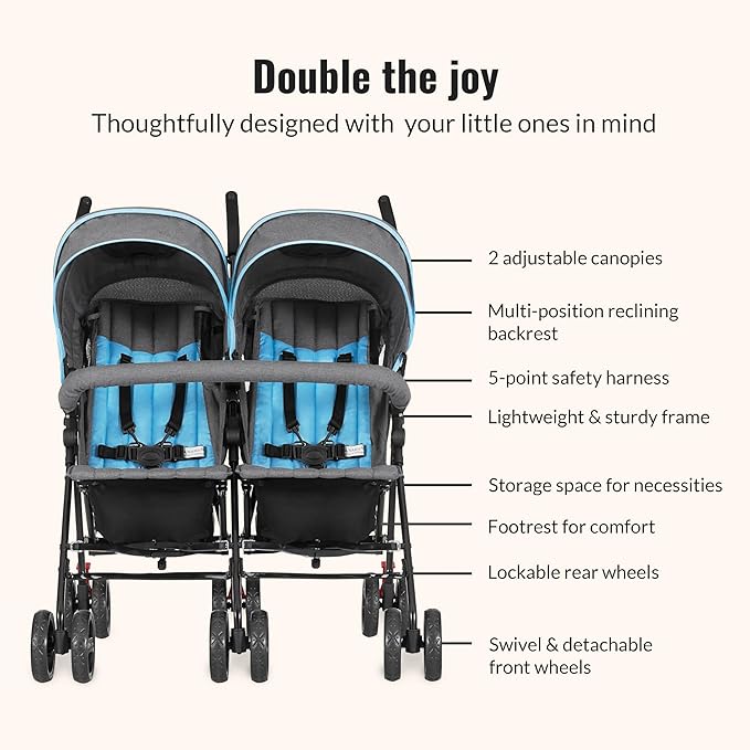 Dream On Me Volgo Twin Umbrella Stroller in Blue, Lightweight Double Stroller for Infant & Toddler, Compact Easy Fold, Large Storage Basket, Large and Adjustable Canopy-CubbioJoy