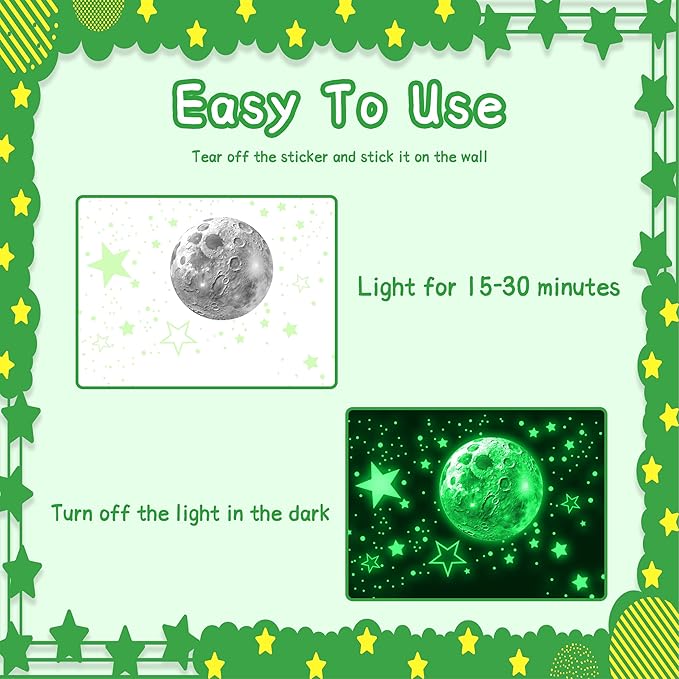 965 PCS Glow in The Dark Stars and Moon for Ceiling, Luminous Stars and Planet Wall Decals, Kids Room Decor, Glowing Galaxy Wall Stickers for Nursery Decorations (Green)-CubbioJoy