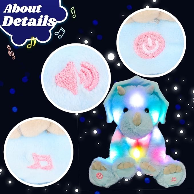 Cuteoy Light-up Singing Plush Blue Triceratops LED Musical Stuffed Animal Dinosaur Adjustable Volume Lullaby Plushies Birthday Christmas Toy Gifts for Kids Toddler Girls, 13"-CubbioJoy