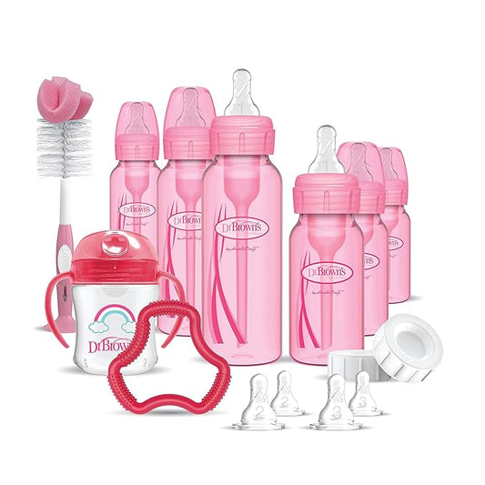 Dr. Brown's Natural Flow Anti-Colic Options+ Special Edition Pink Baby Bottle Gift Set with Soft Sippy Spout Transition Cup, Flexees Teether, Bottle Cleaning Brush and Travel Caps-CubbioJoy