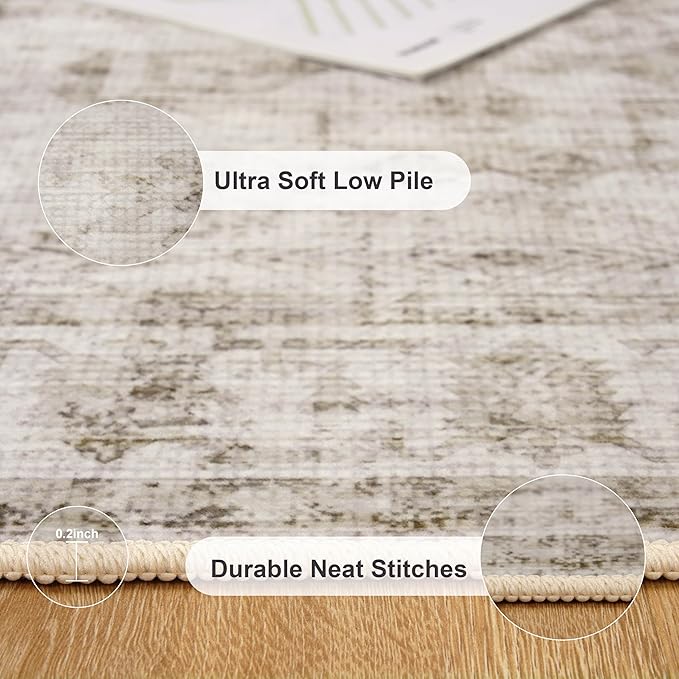6x9 Washable Area Rug for Living Room, Non-Slip Distressed Rugs for Bedroom Dinning Room, Ultra-Thin Indoor Non-Shedding Vintage Print Carpet for Farmhouse, Home Office, Dorm Light Taupe/Cream-CubbioJoy