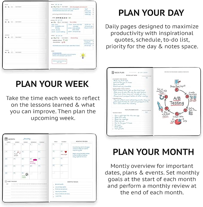 Undated Daily Planner – 1-Year B5 Productivity Organizer with Two-Page Weekly Spread, Goal Setting, Habit Tracker, Weekly & Monthly Pages – Hardcover Time Management Notebook (Black)-CubbioJoy