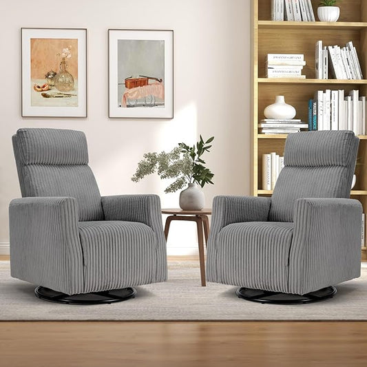CANMOV Swivel Rocker Chair Set of 2, Swivel Accent Chair with High Back and Arms, Corduroy Glider Chair for Living Room Bedroom Nursery, Grey-CubbioJoy