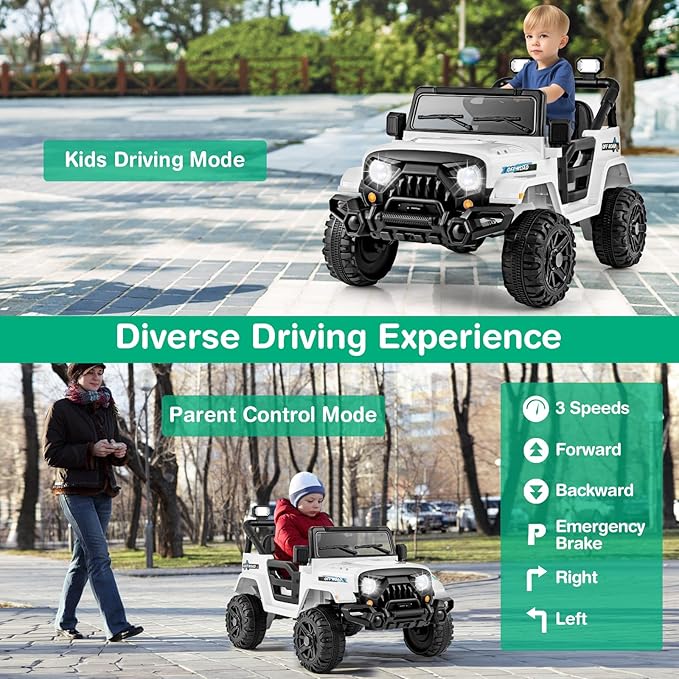 Costzon 12V Kids Ride on Truck Car, Electric Vehicle w/Remote Control, Threaded Wheels, 3 Speeds, LED Lights, Music, Horn & Wireless Connection, Battery Powered Ride on Toy for Boys & Girls 3+ (White)-CubbioJoy