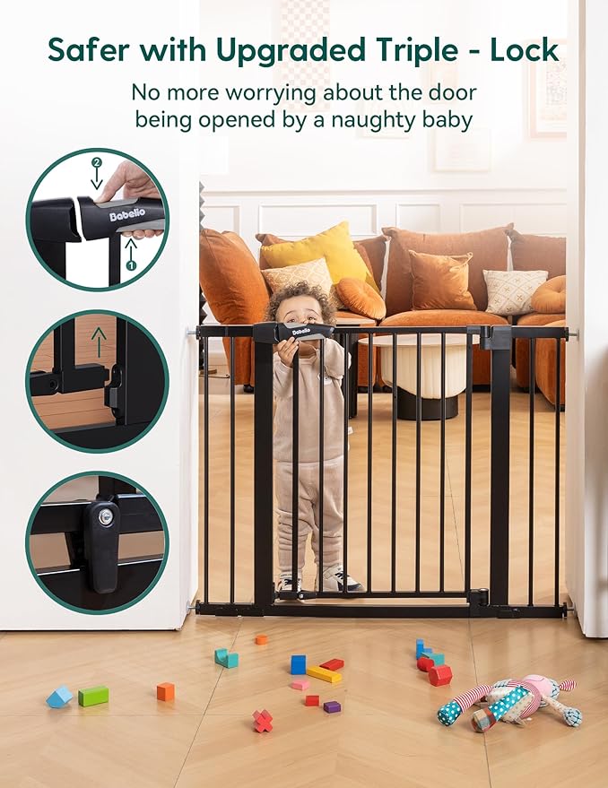 Babelio 29-43" Magnetic Baby Gate for Stairs,Doorways House,Kitchen,30" Tall Pet Barrier with Baffles,Pressure Mounted & Dual-Lock Design Safety for Kids Toddler,Auto-Close/Hold-Open,Black-CubbioJoy